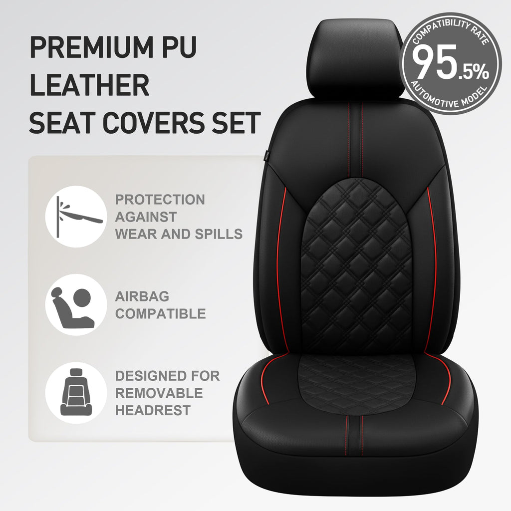 PU Leather Car Seat Covers Full Set Waterproof Split Bench Black Red M739
