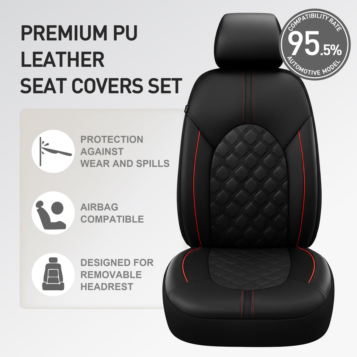 PU Leather Car Seat Covers Full Set Waterproof Split Bench Black Red M739