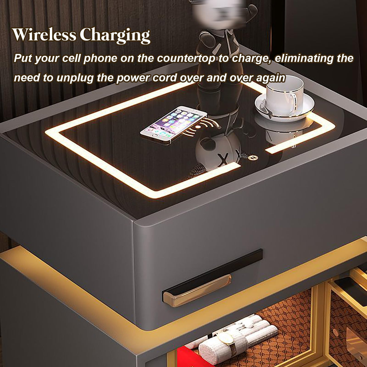 Light Gray Nightstand with Wireless Charging and Drawers D239