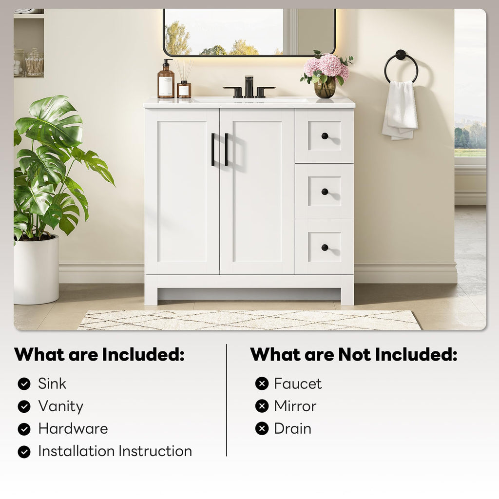 36" White Bathroom Vanity with Sink, 2 Soft-Close Drawers & Doors C87506