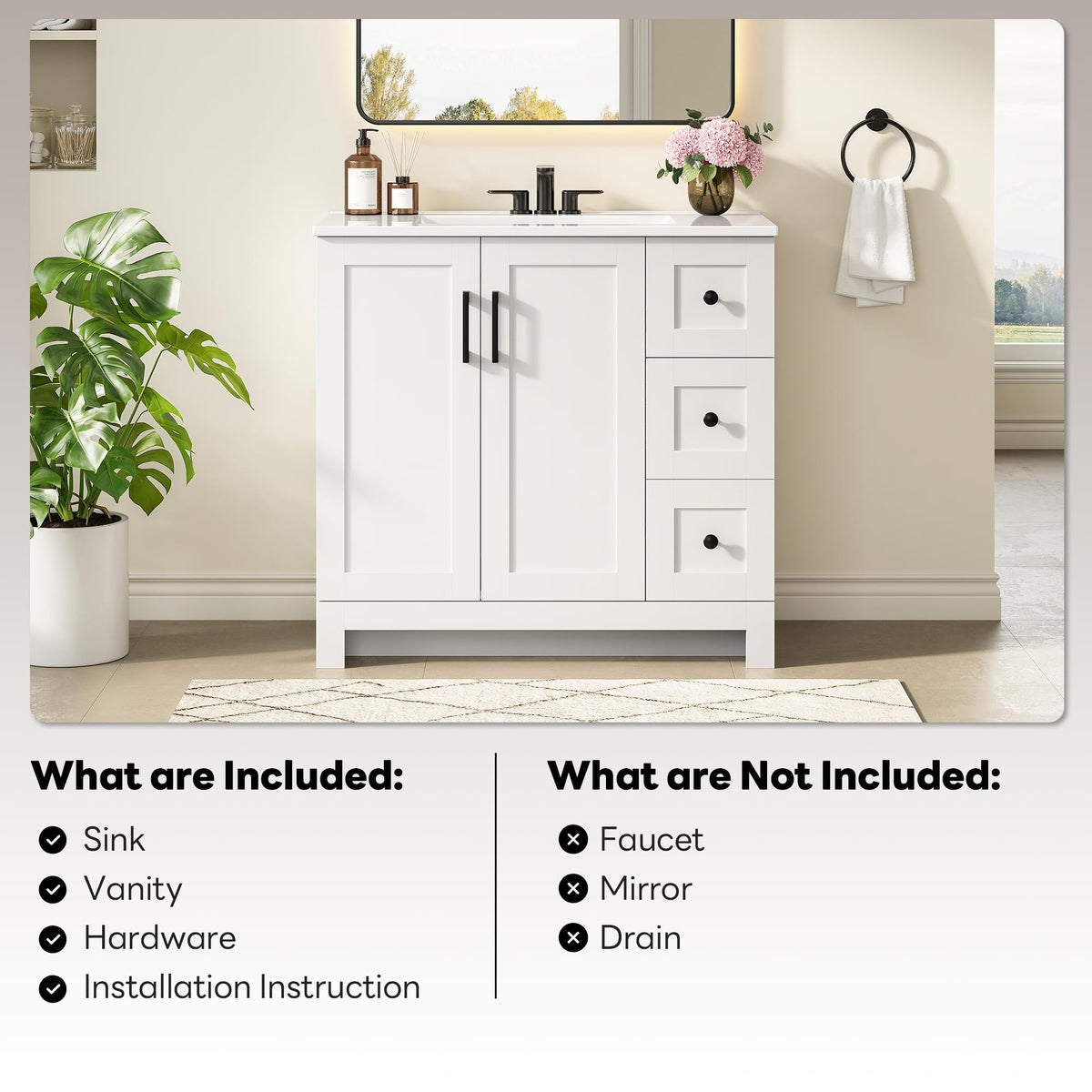 36" White Bathroom Vanity with Sink, 2 Soft-Close Drawers & Doors C87506