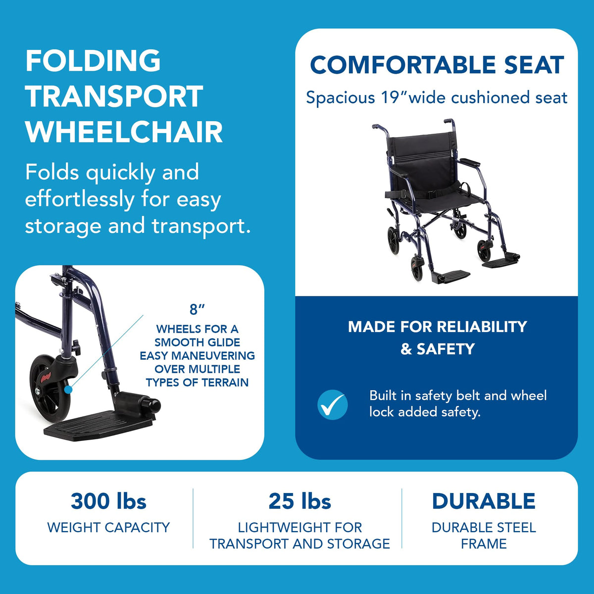 Folding Transport Wheelchair with 19 inch Seat Y343