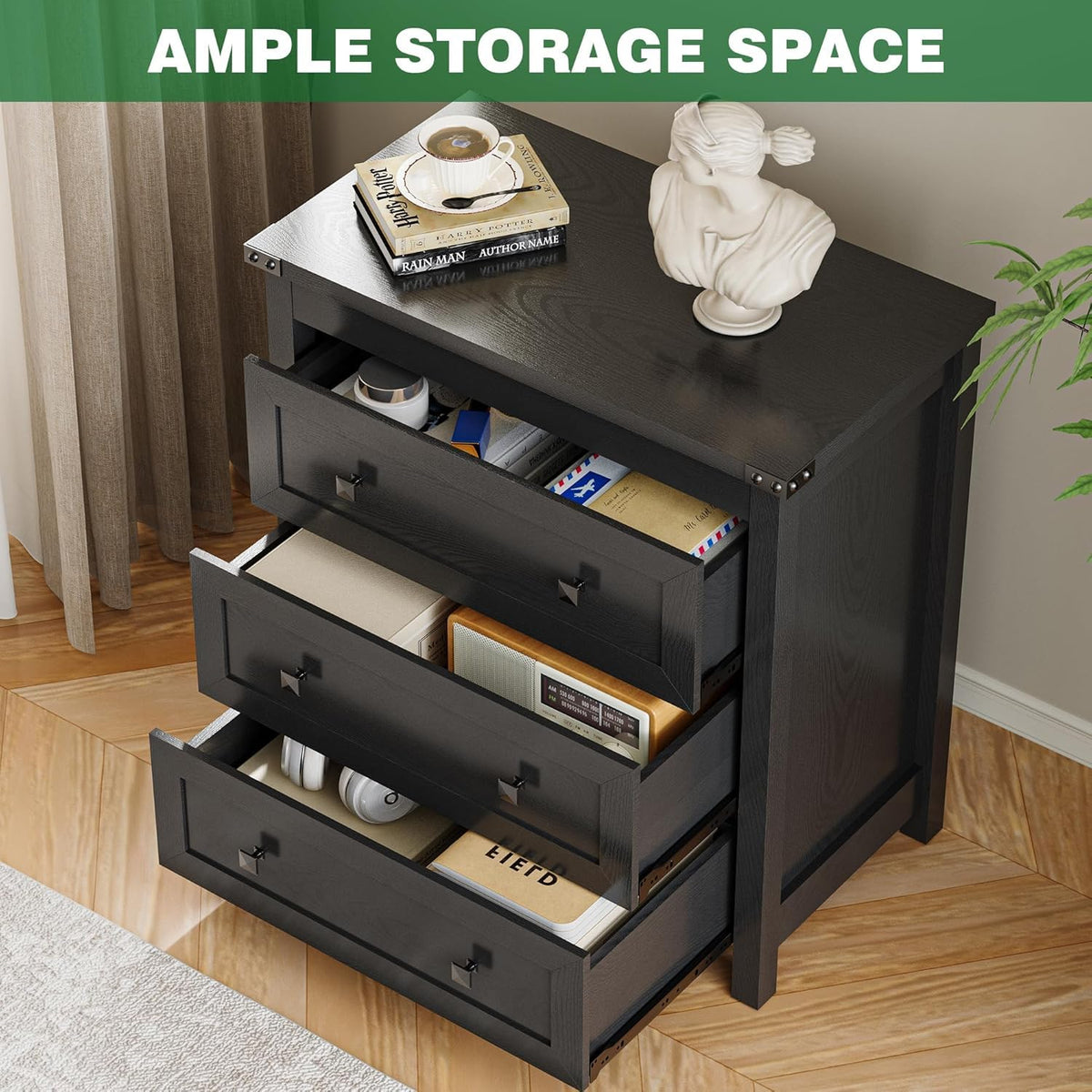 27.6" Wide Black 3 Drawer Wood Nightstand F30675
