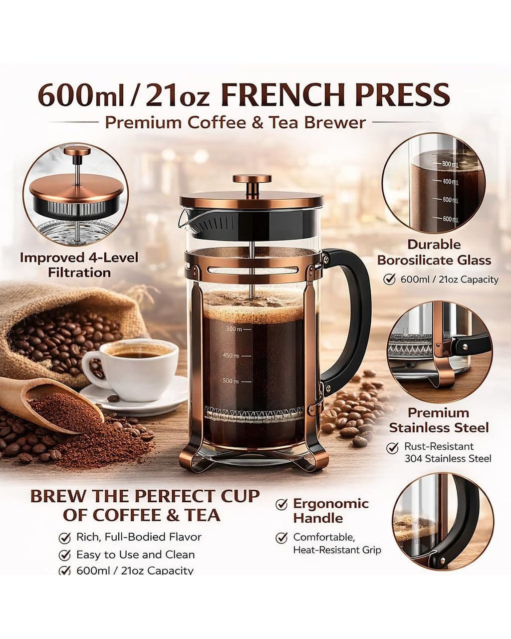 21oz Stainless Steel Glass French Press A976