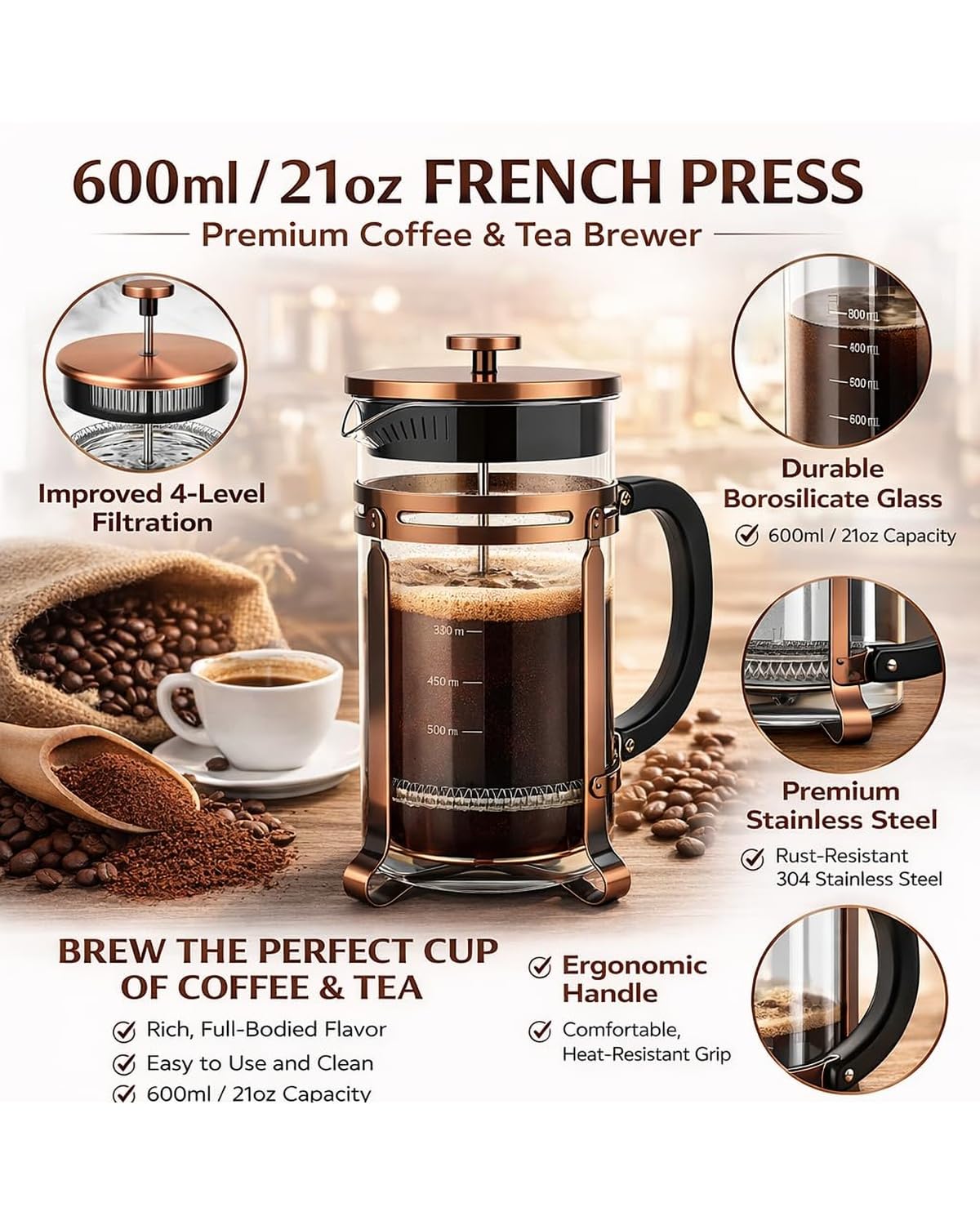 21oz Stainless Steel Glass French Press A976