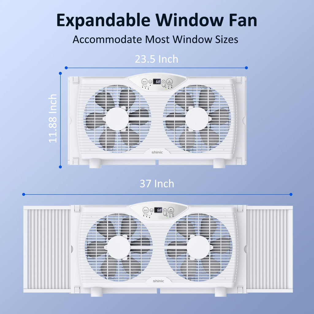 Twin Window Fan, 9-Inch Blades Reversible Airflow, Thermostat Control, 3 Speeds, 23.5"-37" Expandable Width X31684