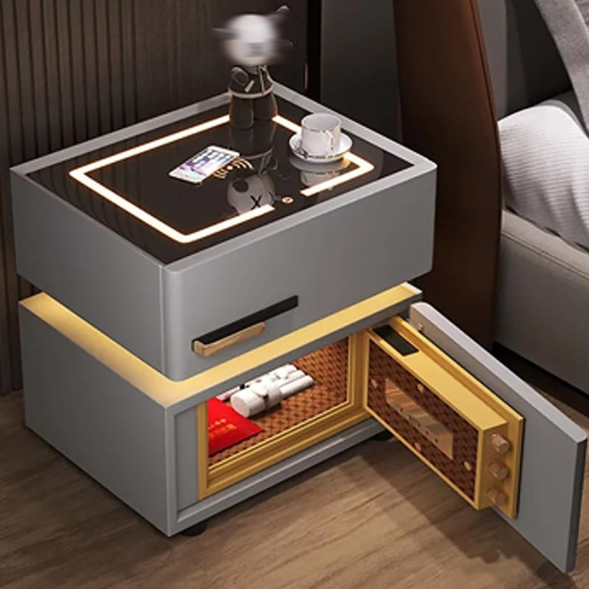 Light Gray Nightstand with Wireless Charging and Drawers D239