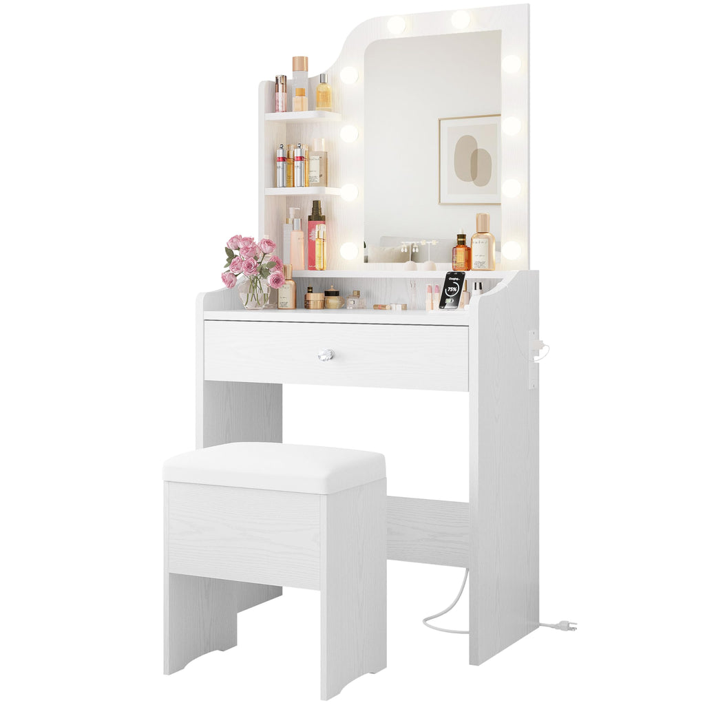White Vanity Desk with Mirror and Storage Stool F8049