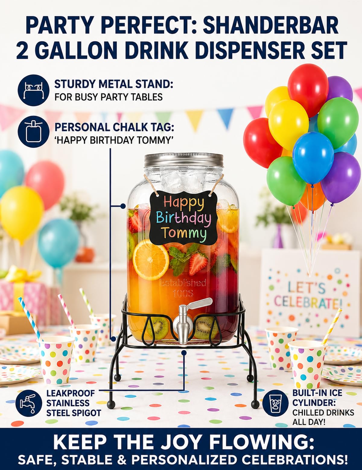 2 Gallon Glass Drink Dispenser with Stand and Lid Q360