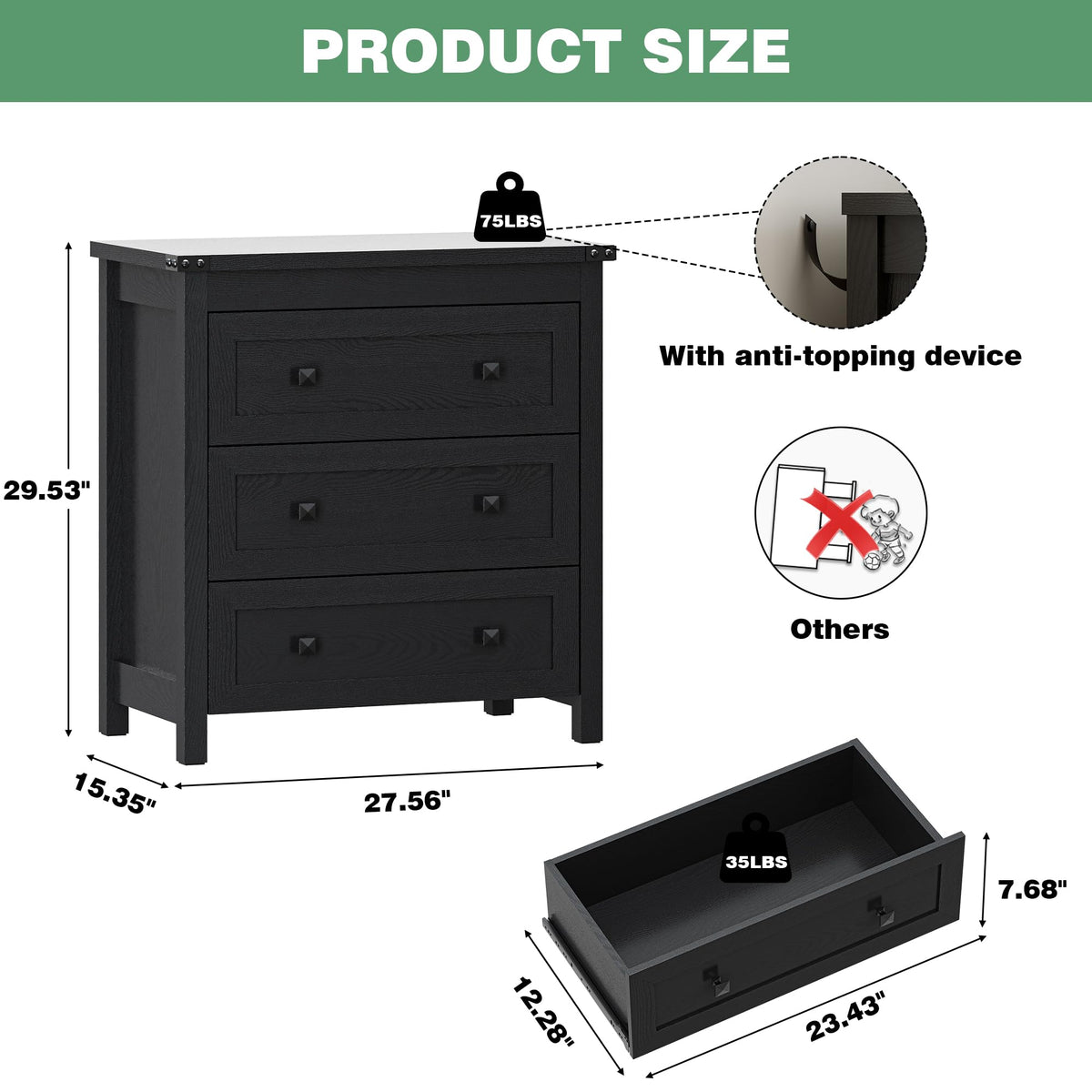 27.6" Wide Black 3 Drawer Wood Nightstand F30675