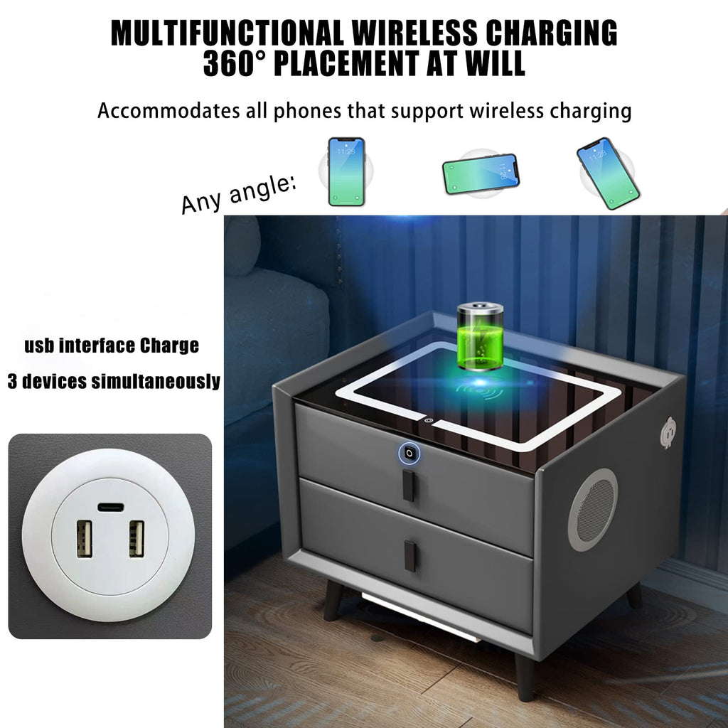 Gray 3 Drawer Solid Wood Nightstand with Speaker and USB Port R19799