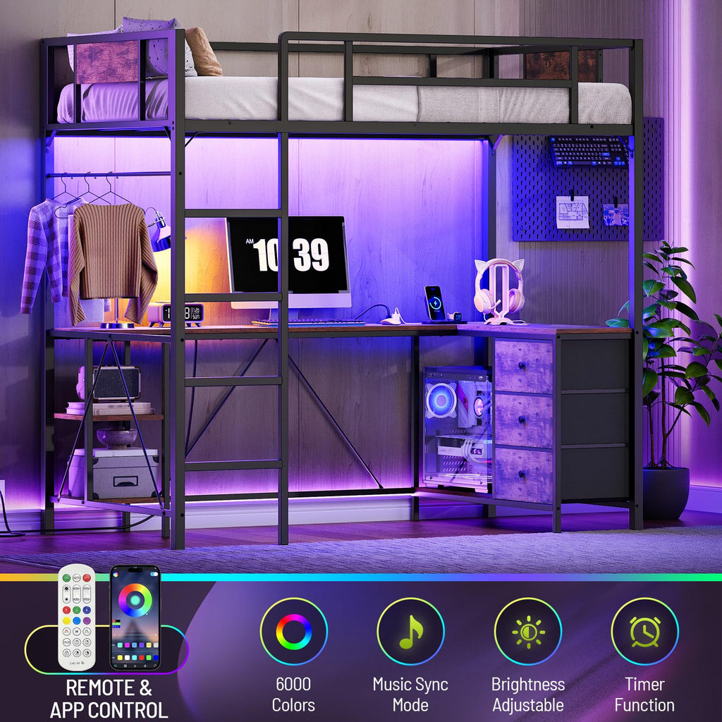 Twin Size Metal Loft Bed with L-Shaped Desk, 3 Storage Drawers, LED Light & Ladder Z277