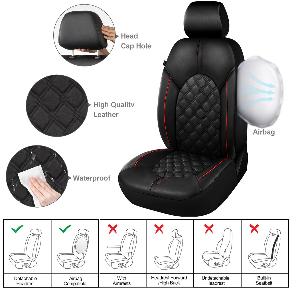 PU Leather Car Seat Covers Full Set Waterproof Split Bench Black Red M739