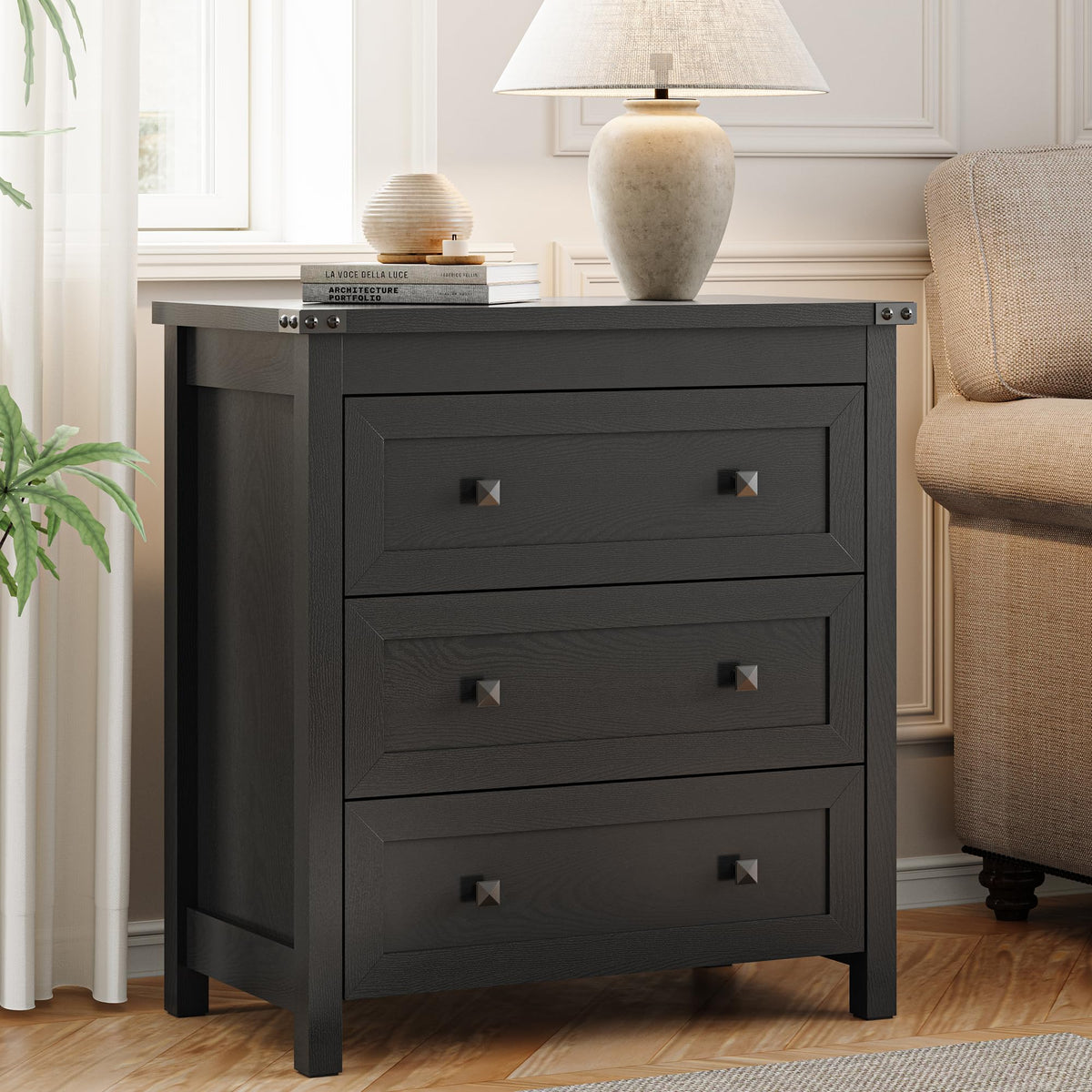 27.6" Wide Black 3 Drawer Wood Nightstand F30675