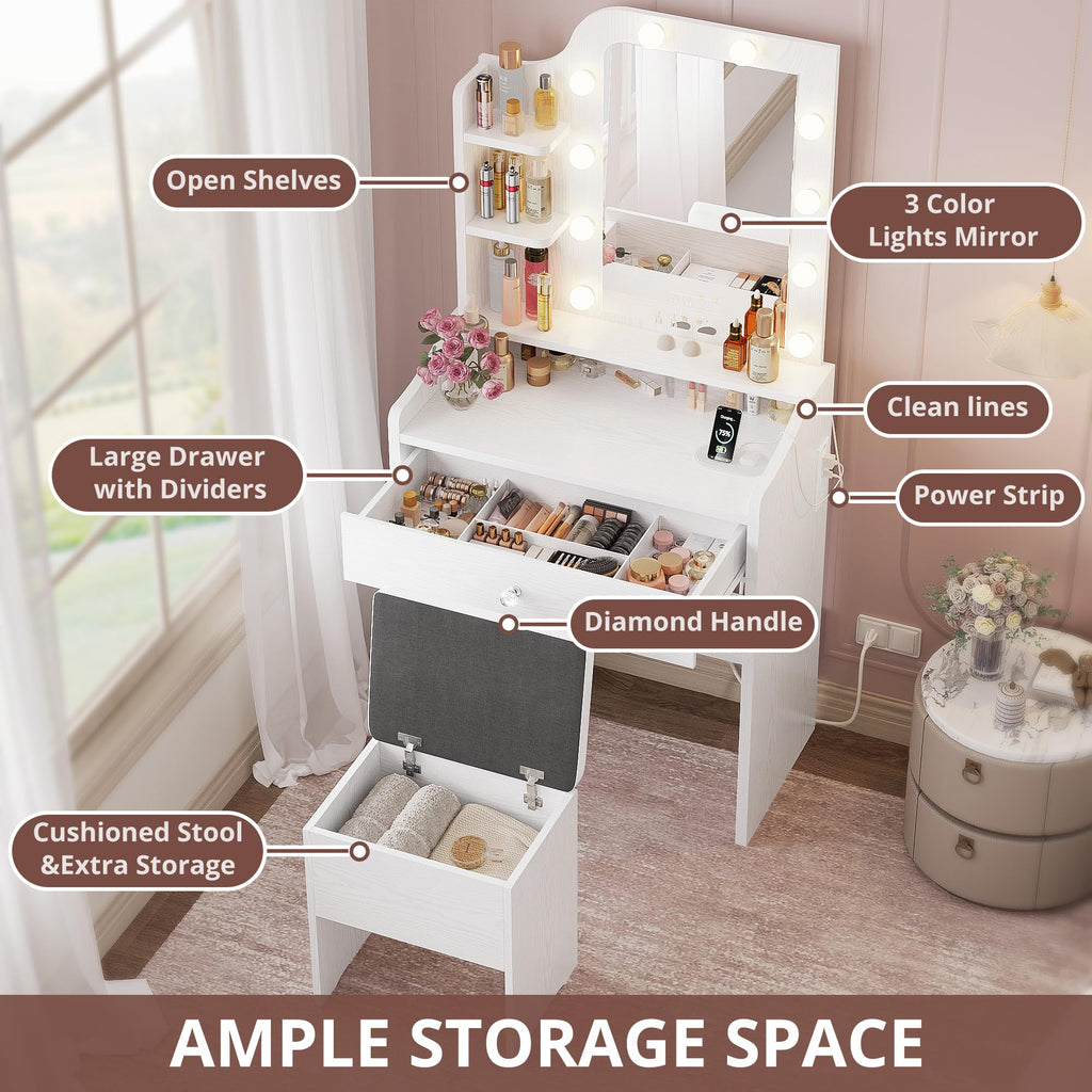 White Vanity Desk with Mirror and Storage Stool F8049