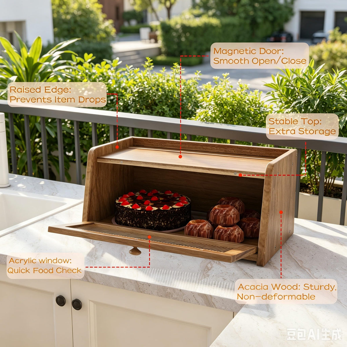 Acacia Wood Bread Box with Acrylic Window Y120711