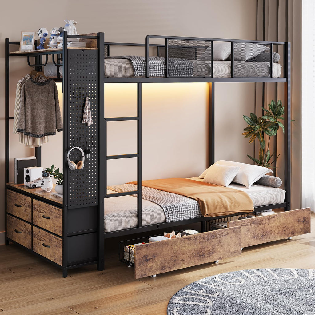 Twin Over Twin Metal Bunk Bed with 6 Storage Drawers and Ladder K573260