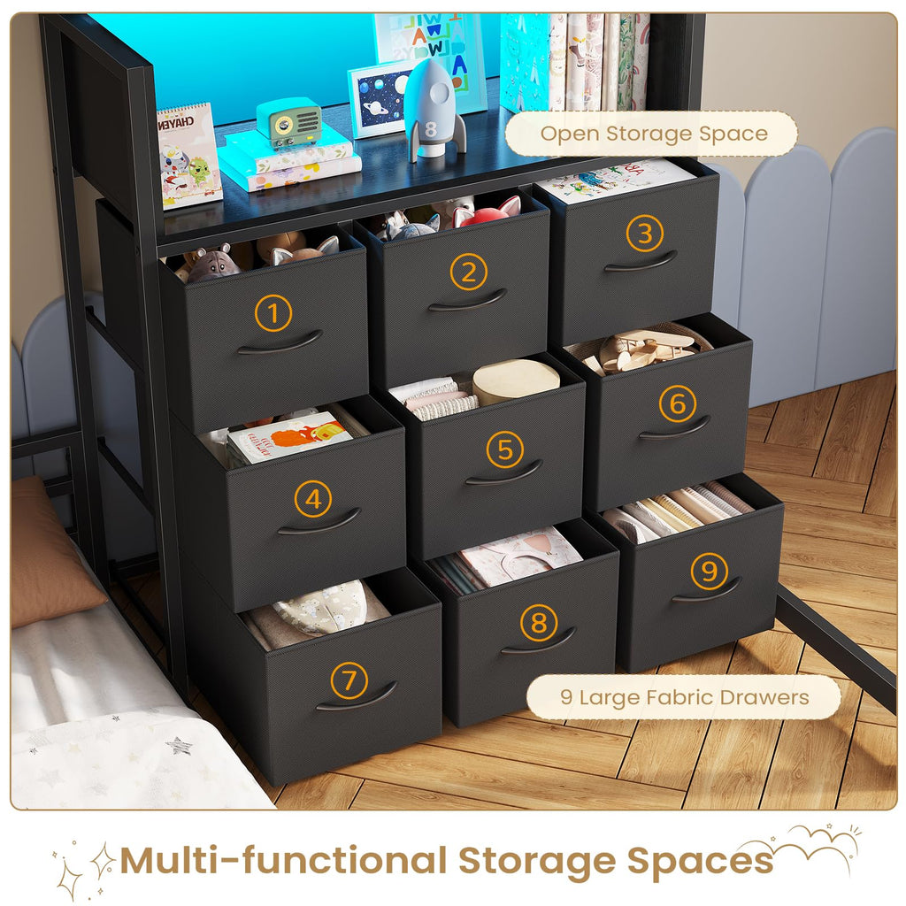 Twin Over Twin L-Shaped Bunk Bed with 9 Storage Drawers, LED Lights, Guardrail & Ladder, Black O18962