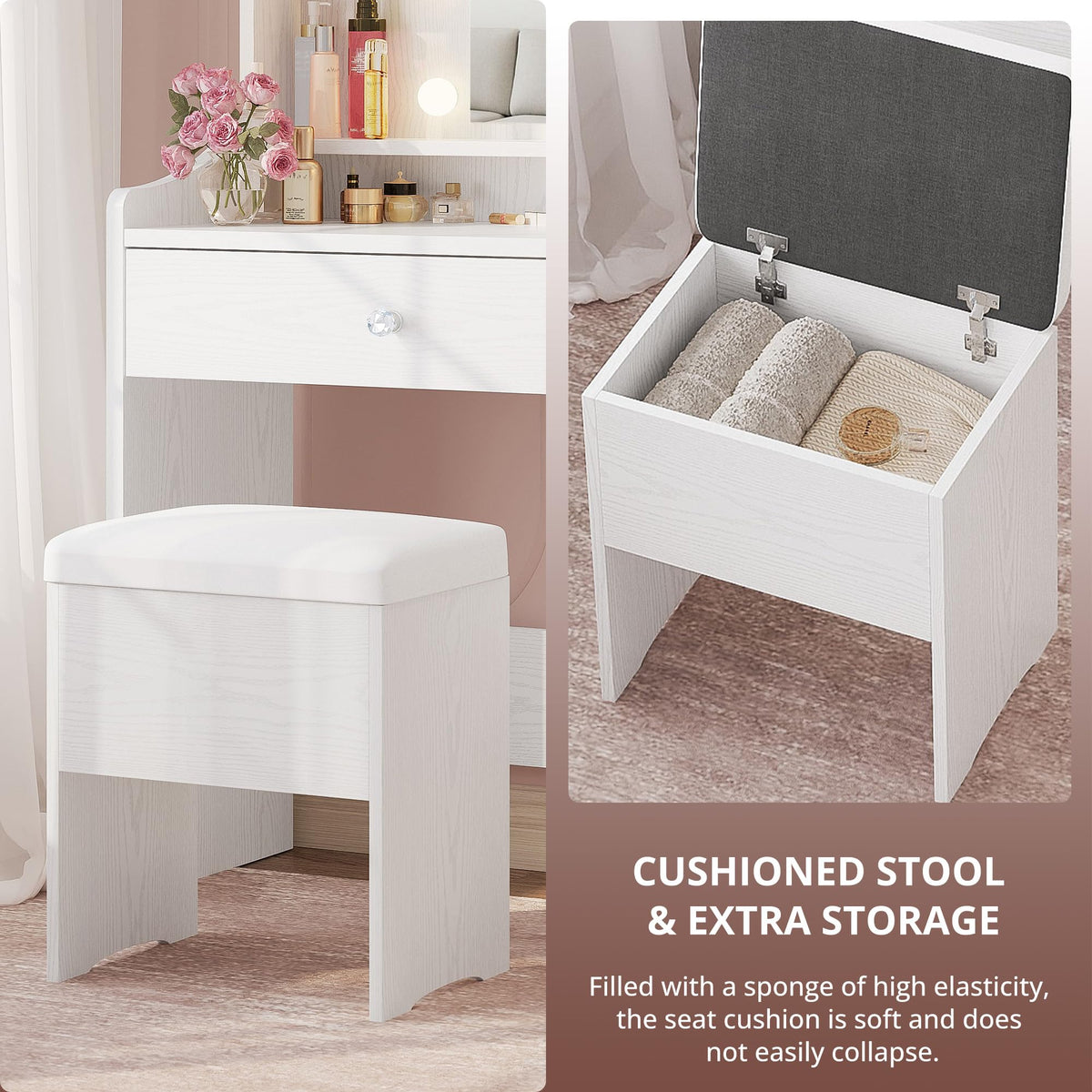 White Vanity Desk with Mirror and Storage Stool F8049