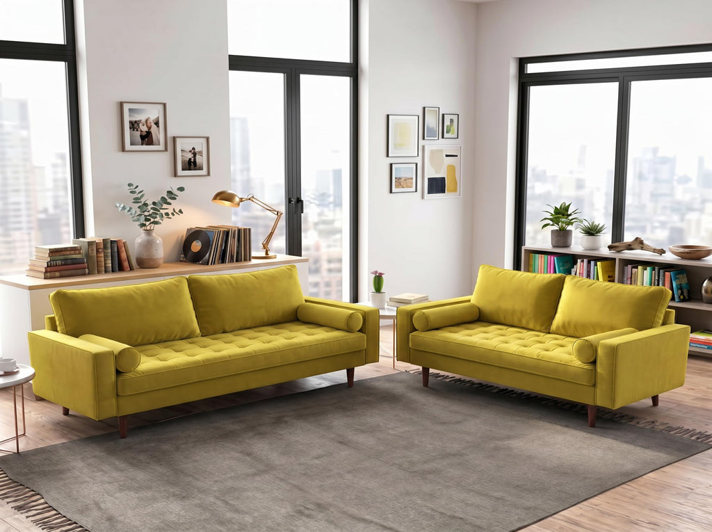 70 Inch Velvet Sofa with Button Tufted Upholstery and Bolster Pillows T2038