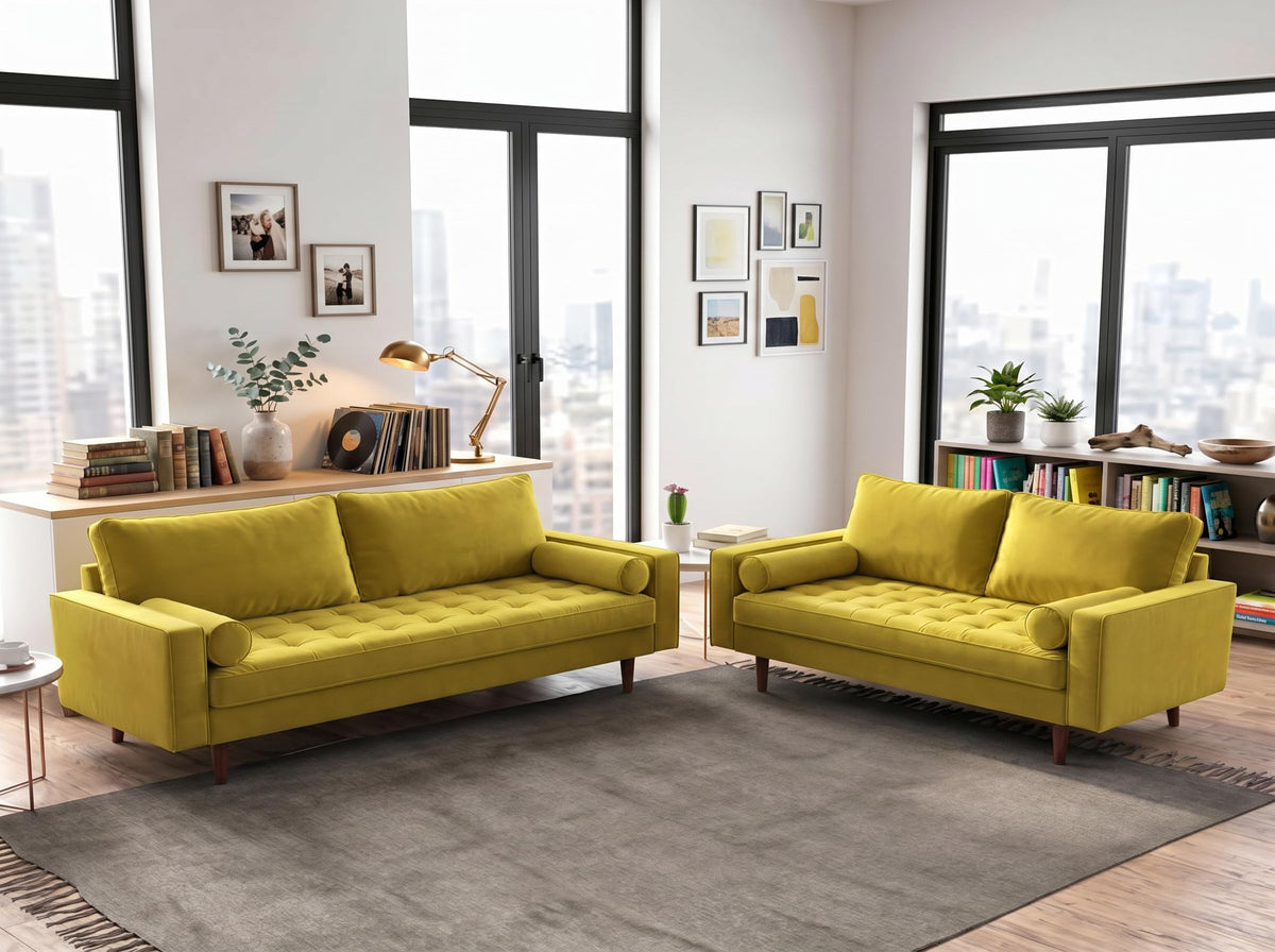 70 Inch Velvet Sofa with Button Tufted Upholstery and Bolster Pillows T2038