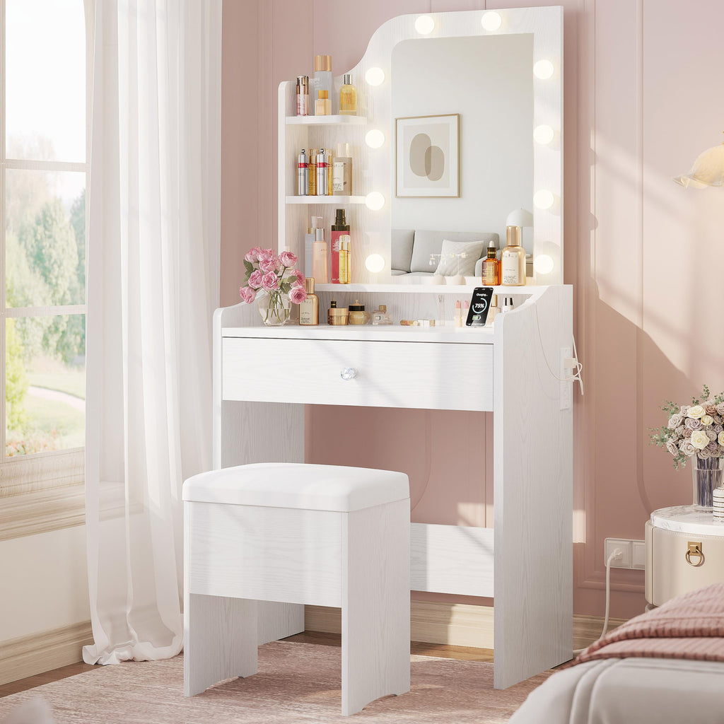 White Vanity Desk with Mirror and Storage Stool F8049
