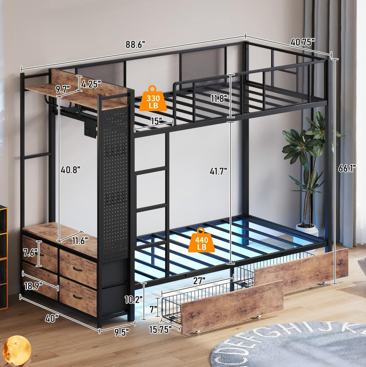 Twin Over Twin Metal Bunk Bed with 6 Storage Drawers and Ladder K573260
