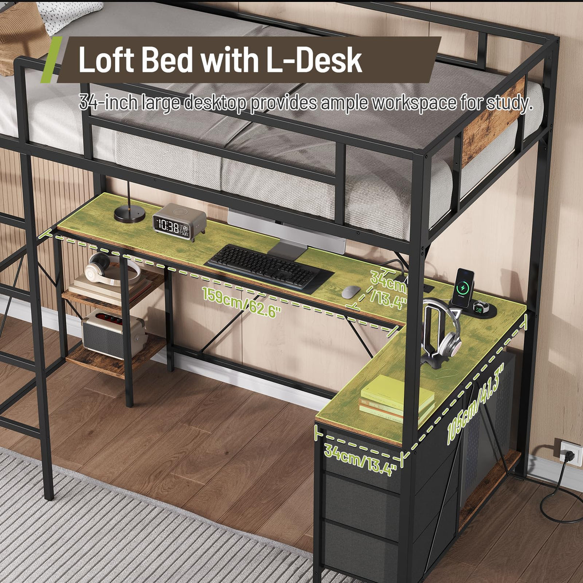 Twin Size Metal Loft Bed with L-Shaped Desk, 3 Storage Drawers, LED Light & Ladder Z277