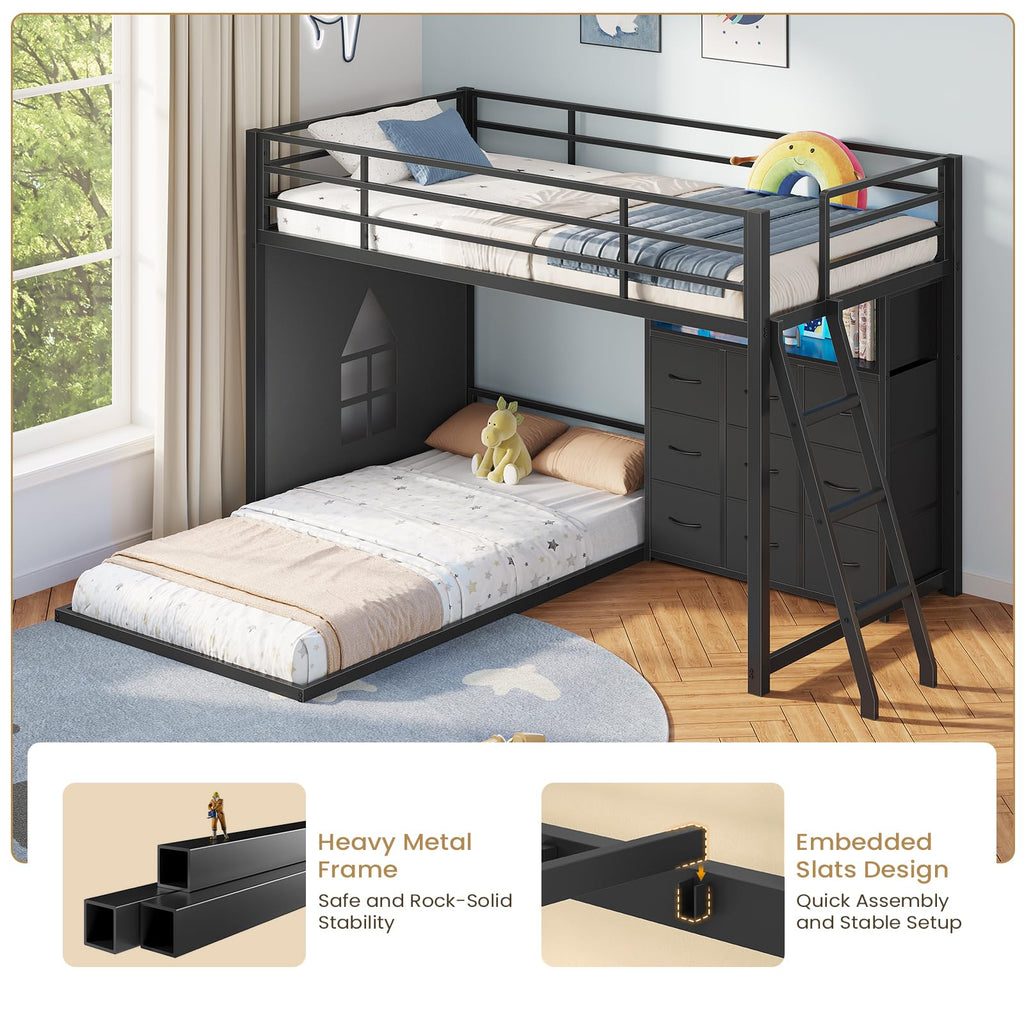 Twin Over Twin L-Shaped Bunk Bed with 9 Storage Drawers, LED Lights, Guardrail & Ladder, Black O18962