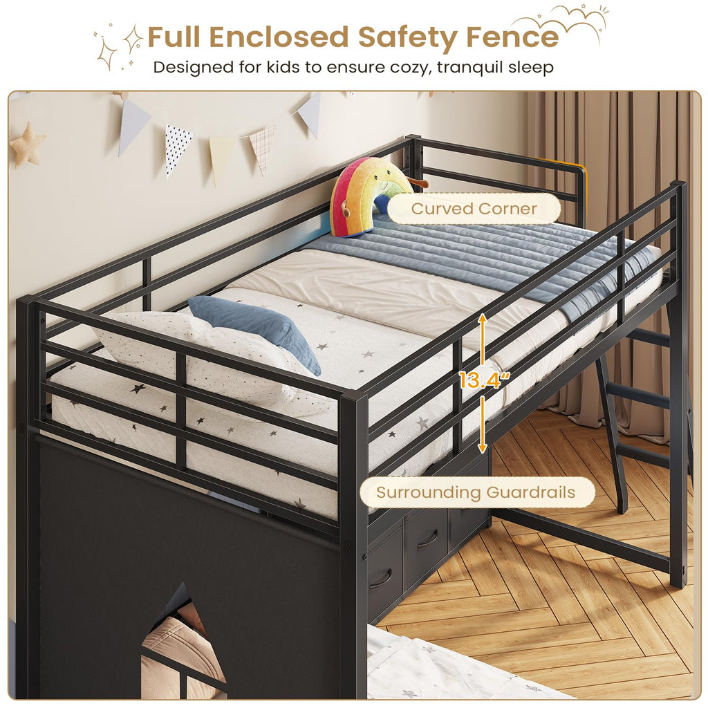 Twin Over Twin L-Shaped Bunk Bed with 9 Storage Drawers, LED Lights, Guardrail & Ladder, Black O18962