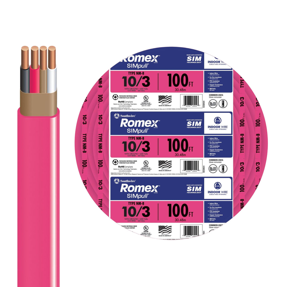 10 Gauge 3 Conductor Electrical Wire, 100Ft C35543