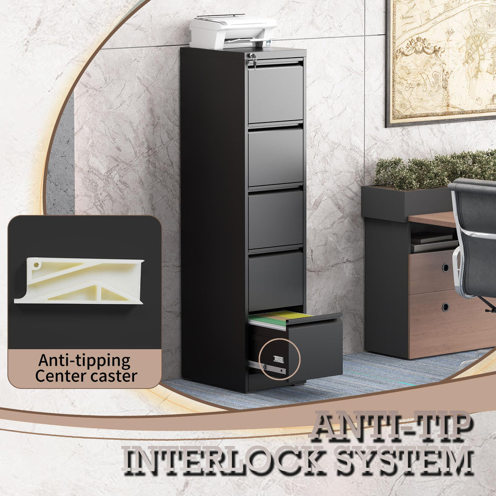 5 Drawer Black Filing Cabinet with Lock U6053