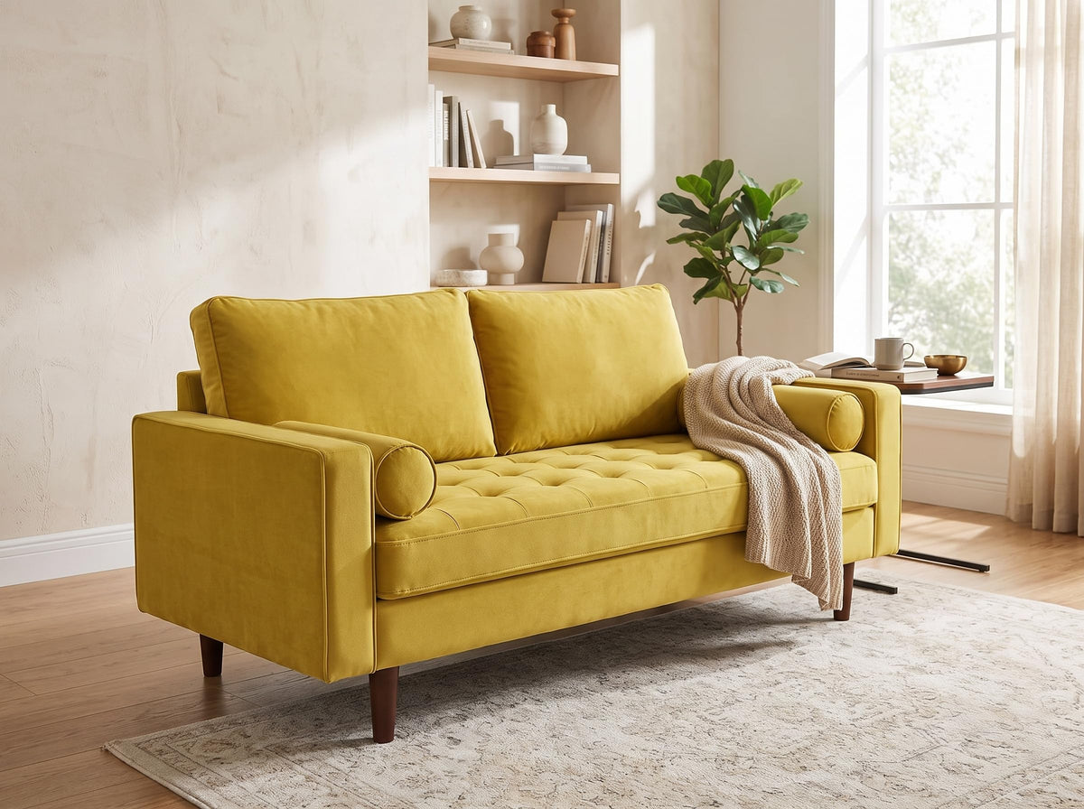 70 Inch Velvet Sofa with Button Tufted Upholstery and Bolster Pillows T2038