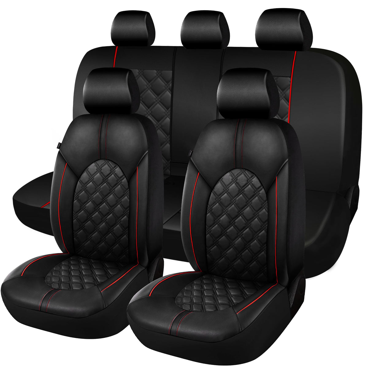 PU Leather Car Seat Covers Full Set Waterproof Split Bench Black Red M739