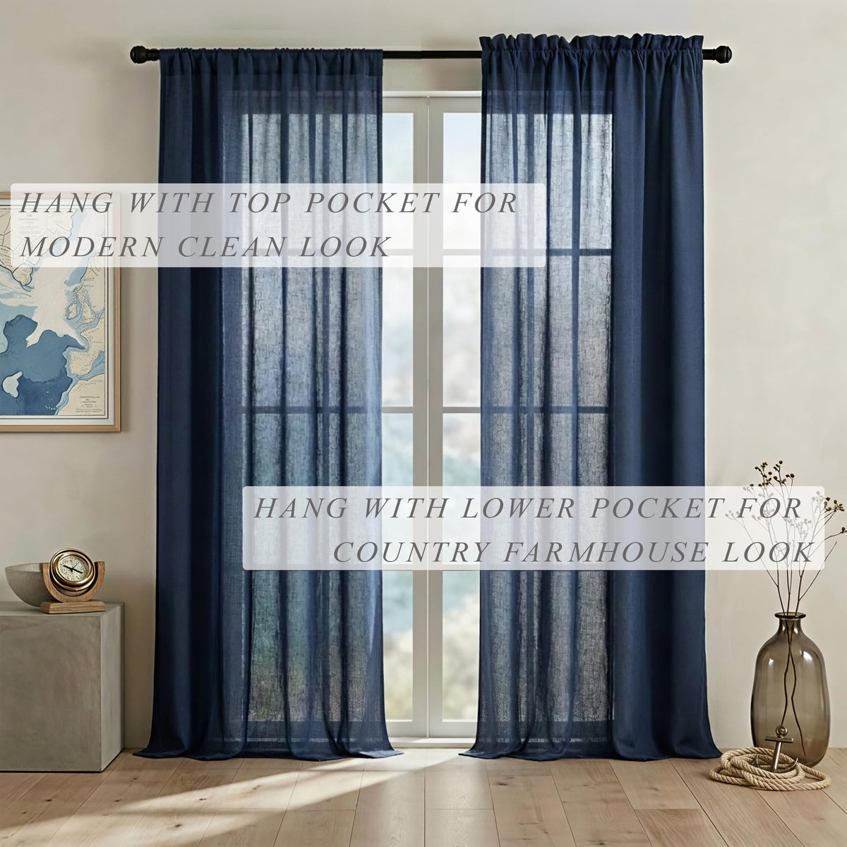 Navy Blue Linen Curtains 96 Inches Long Rod Pocket Semi Sheer Cotton Canvas I323