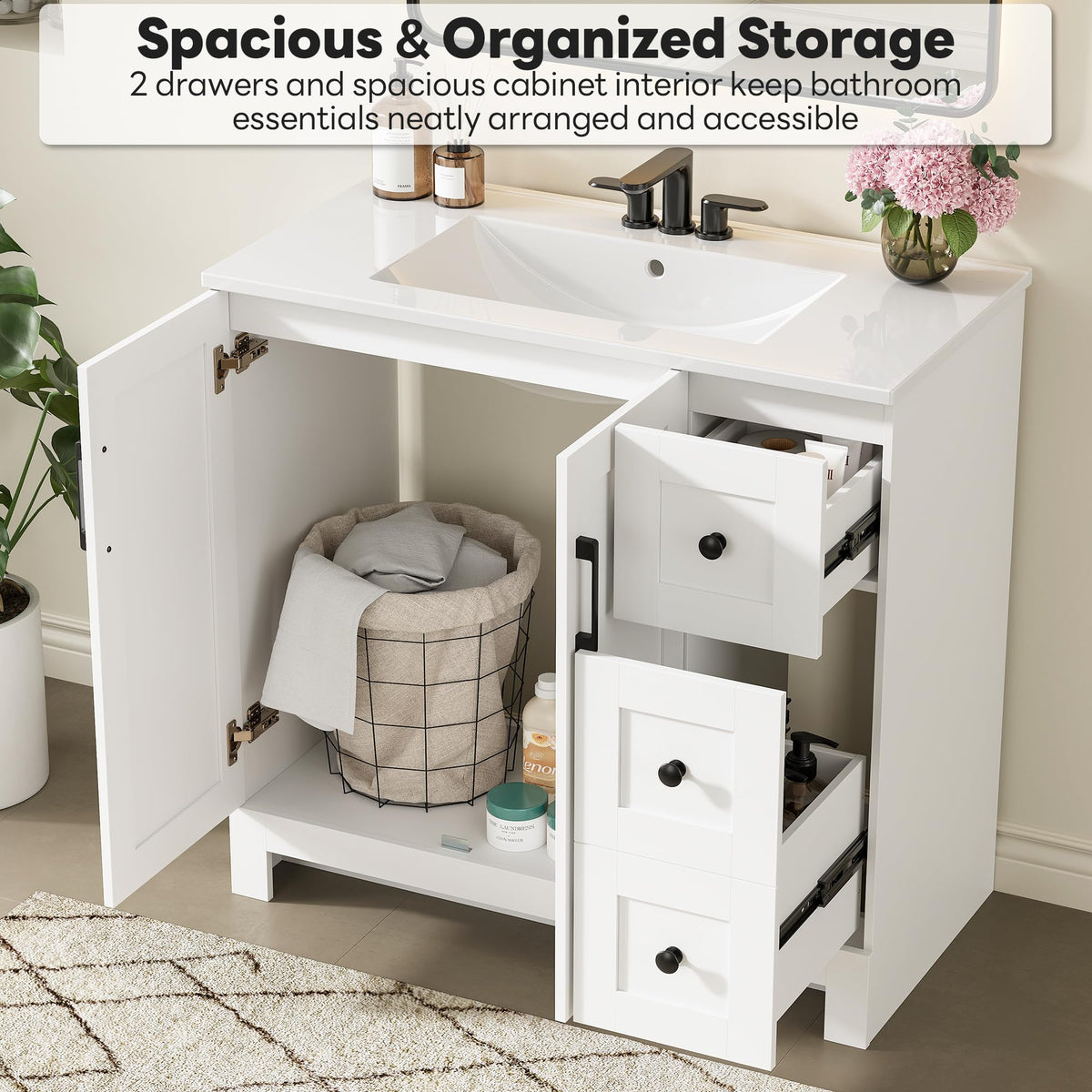 36" White Bathroom Vanity with Sink, 2 Soft-Close Drawers & Doors C87506