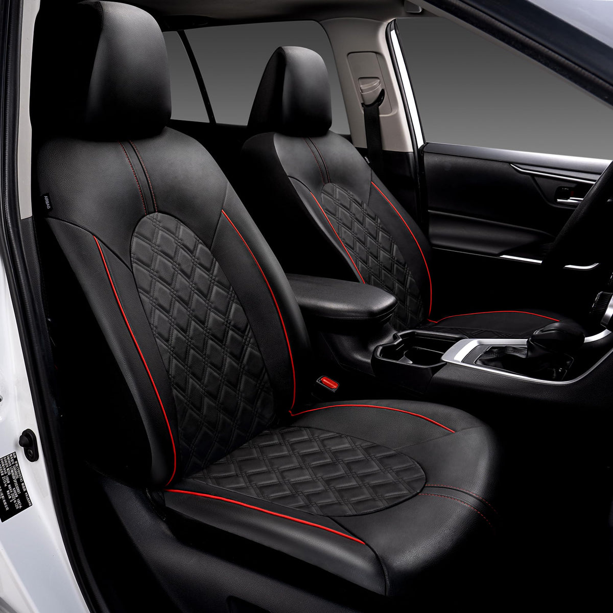 PU Leather Car Seat Covers Full Set Waterproof Split Bench Black Red M739
