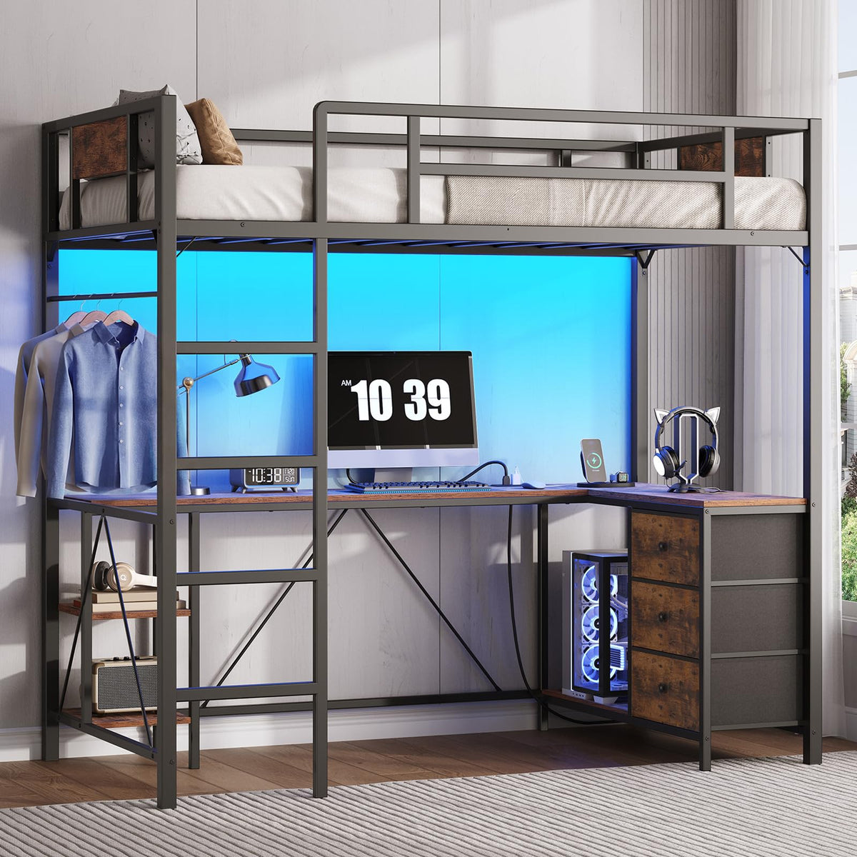 Twin Size Metal Loft Bed with L-Shaped Desk, 3 Storage Drawers, LED Light & Ladder Z277