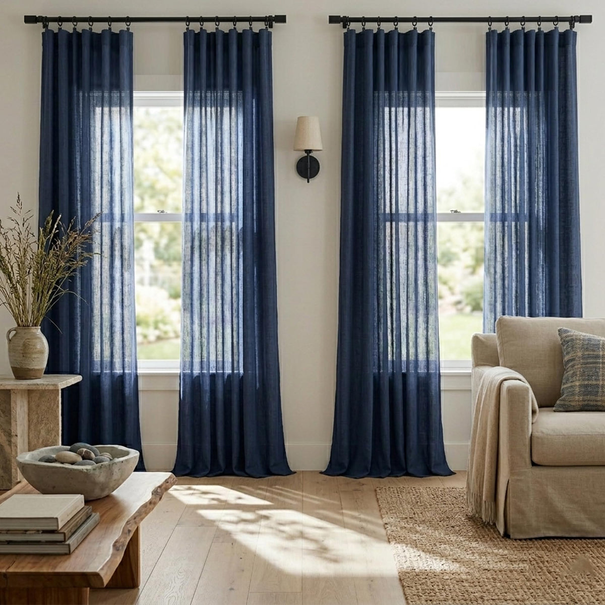 Navy Blue Linen Curtains 96 Inches Long Rod Pocket Semi Sheer Cotton Canvas I323