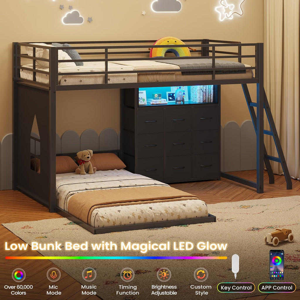 Twin Over Twin L-Shaped Bunk Bed with 9 Storage Drawers, LED Lights, Guardrail & Ladder, Black O18962