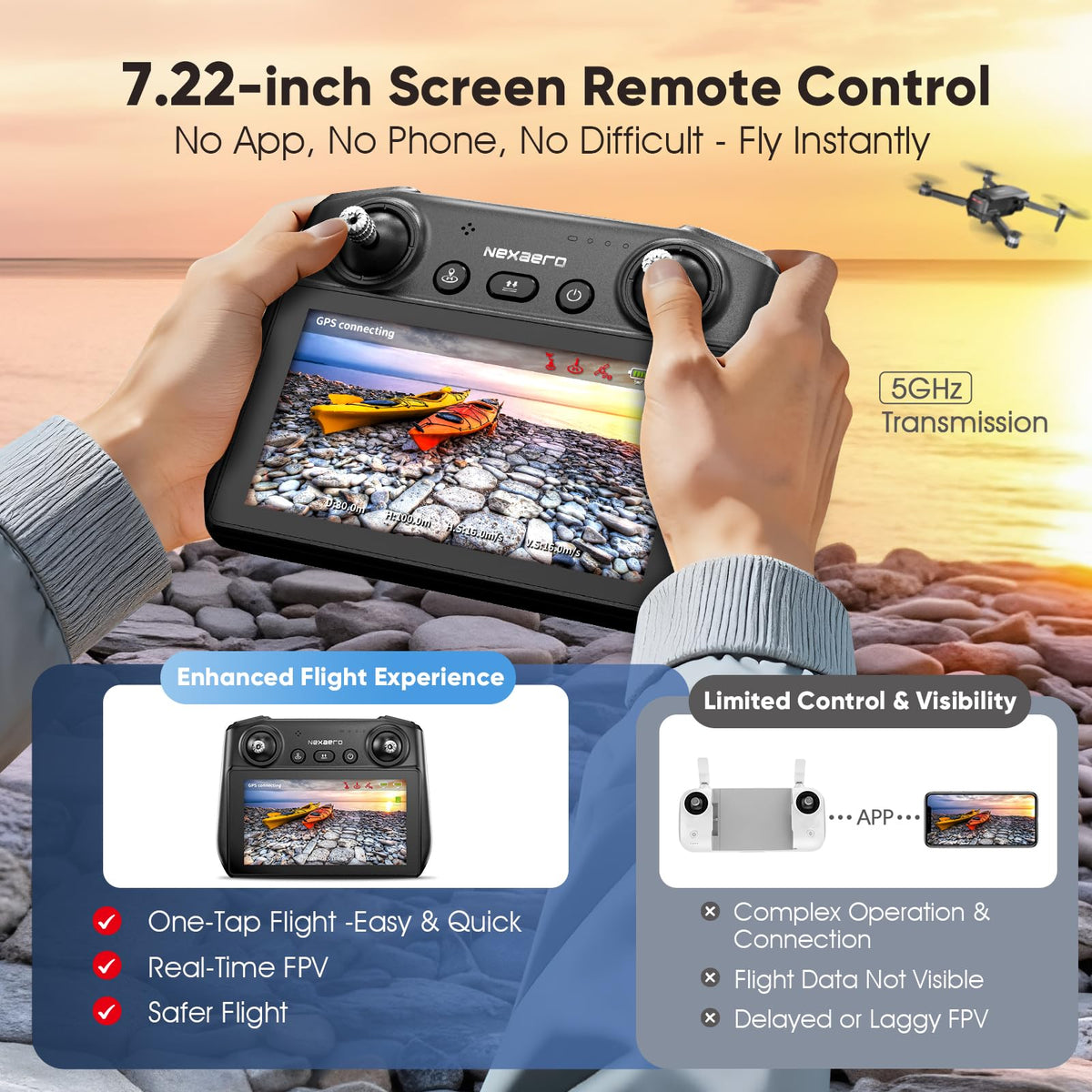 GPS Drone with EIS 2K Camera, 7.22 inch Screen, 64 Mins Flight, Foldable RC Drone H5772