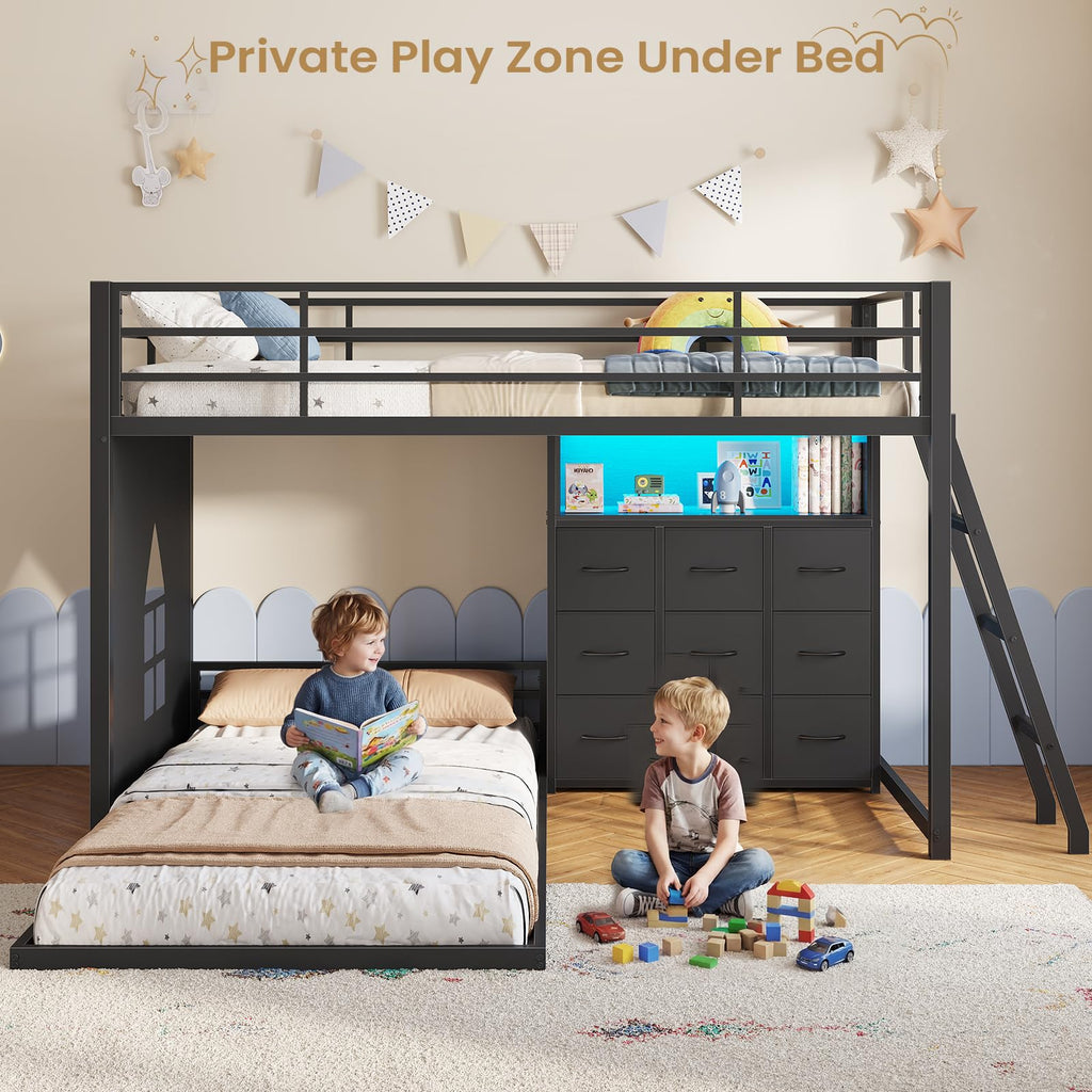 Twin Over Twin L-Shaped Bunk Bed with 9 Storage Drawers, LED Lights, Guardrail & Ladder, Black O18962