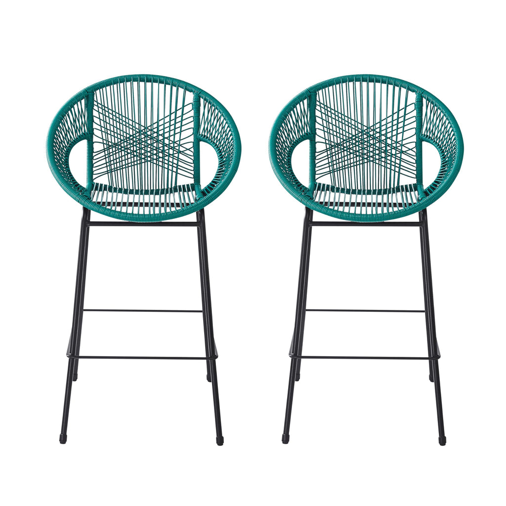 Teal Faux Wicker Outdoor Bar Stool Set of 2 S976