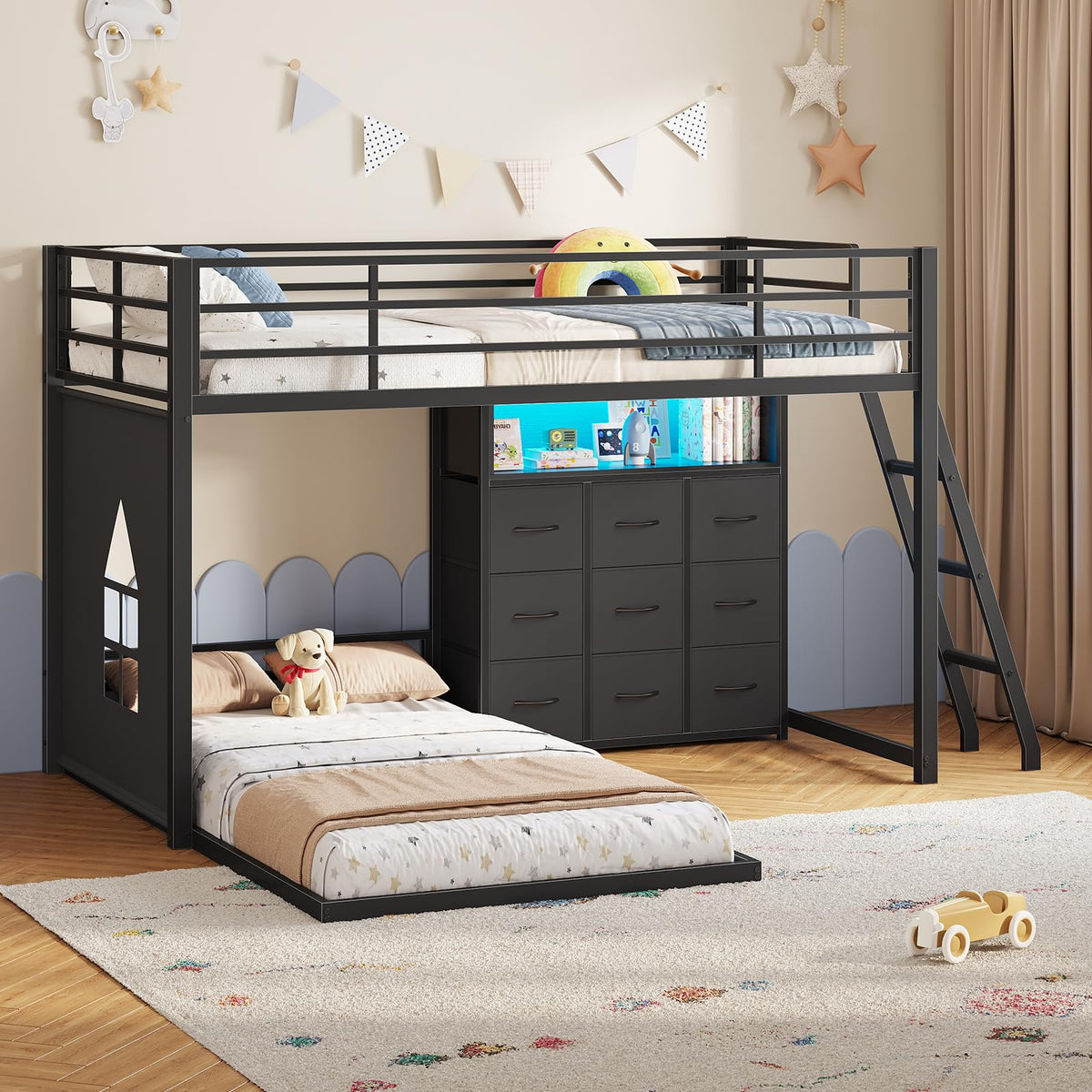 Twin Over Twin L-Shaped Bunk Bed with 9 Storage Drawers, LED Lights, Guardrail & Ladder, Black O18962