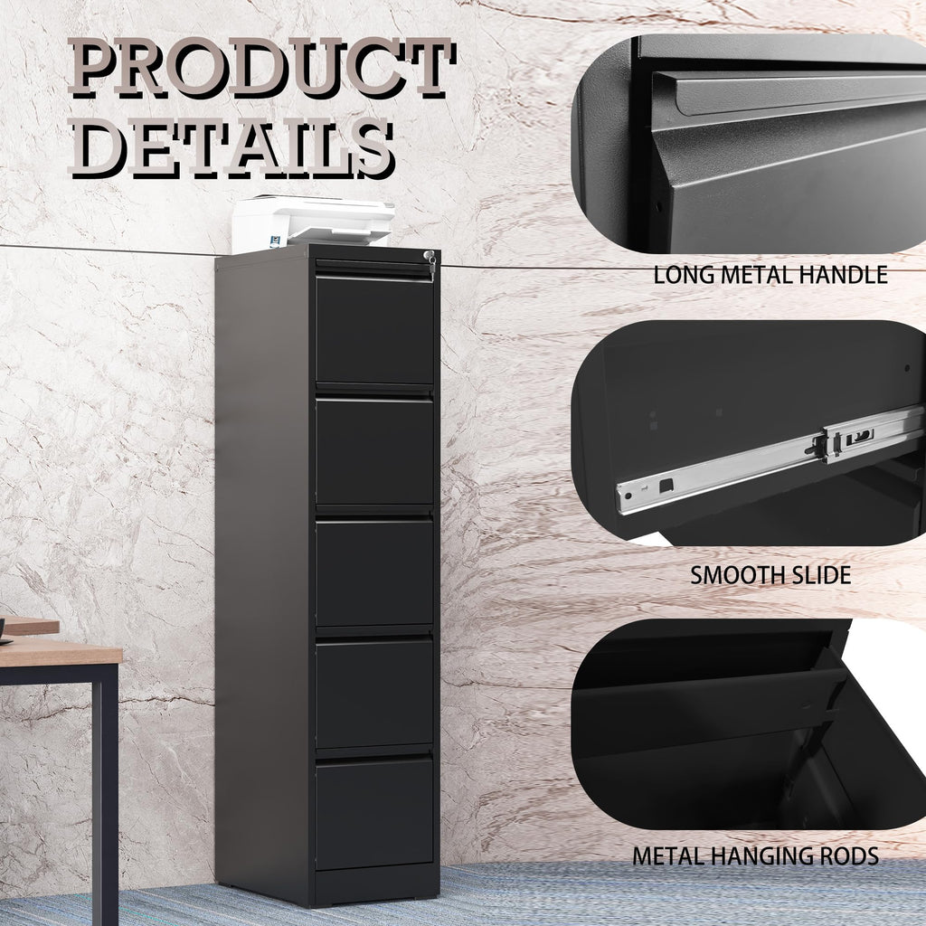 5 Drawer Black Filing Cabinet with Lock U6053