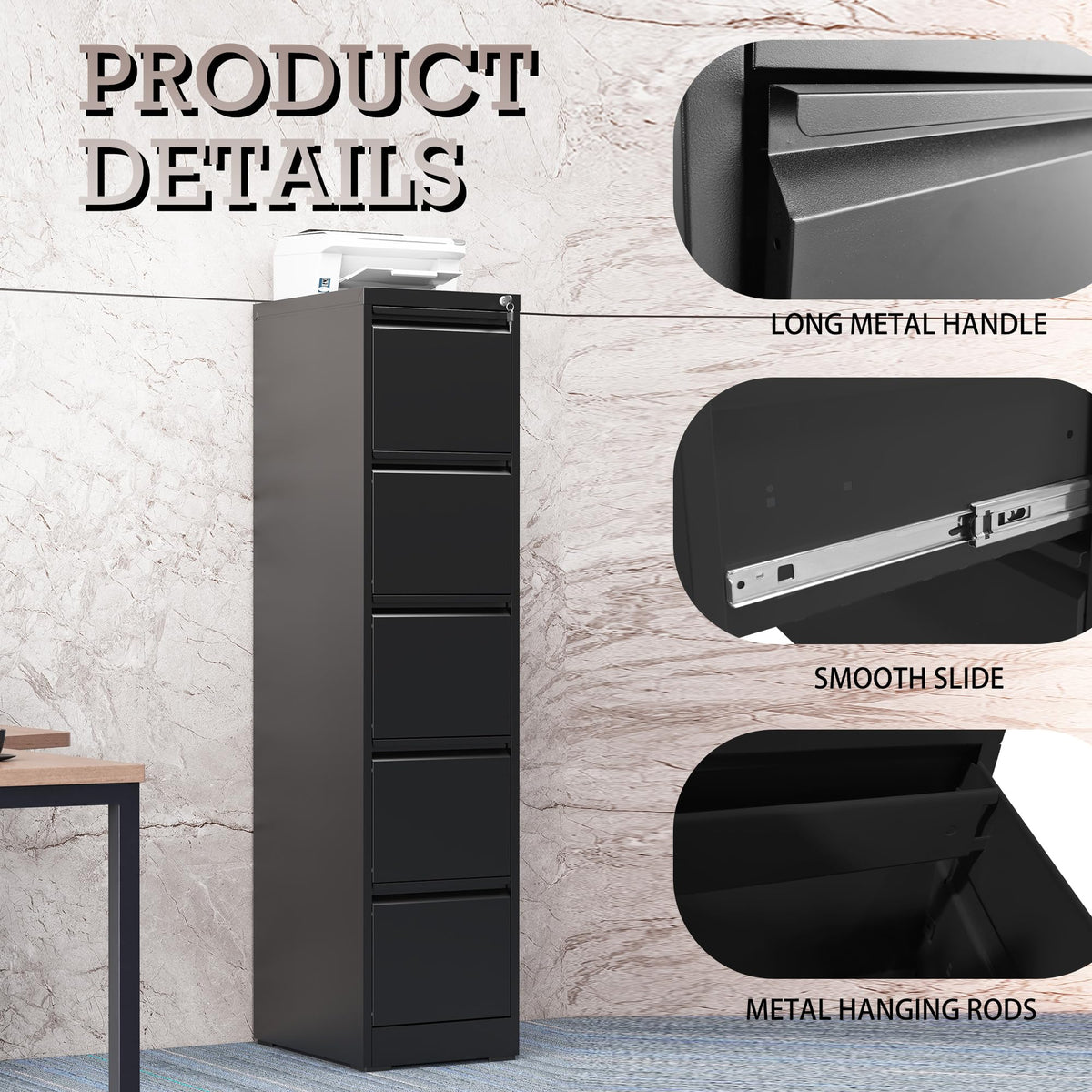 5 Drawer Black Filing Cabinet with Lock U6053