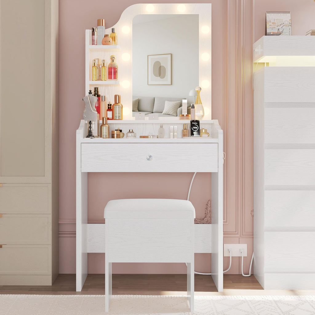 White Vanity Desk with Mirror and Storage Stool F8049