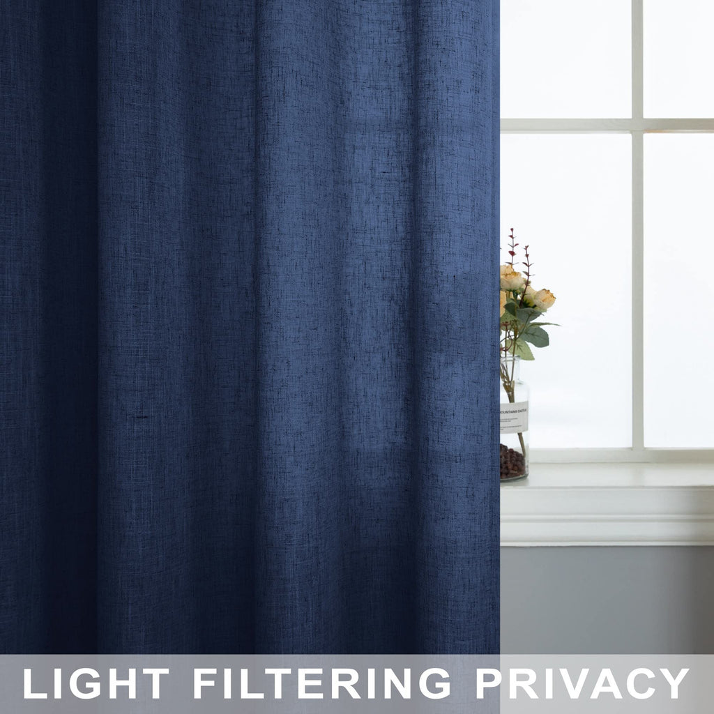 Navy Blue Linen Curtains 96 Inches Long Rod Pocket Semi Sheer Cotton Canvas I323