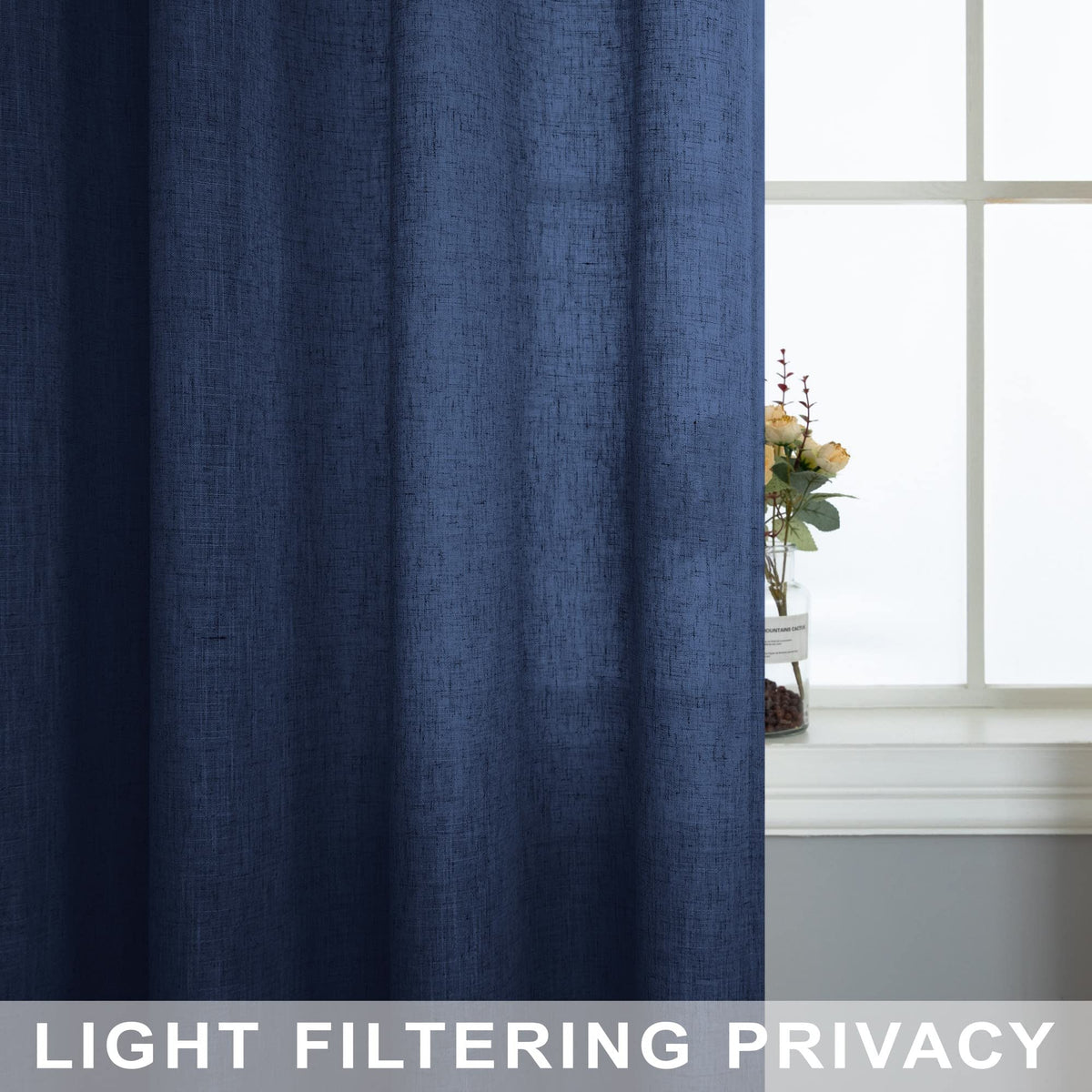 Navy Blue Linen Curtains 96 Inches Long Rod Pocket Semi Sheer Cotton Canvas I323