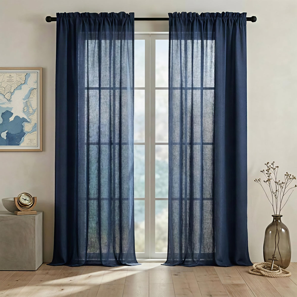 Navy Blue Linen Curtains 96 Inches Long Rod Pocket Semi Sheer Cotton Canvas I323